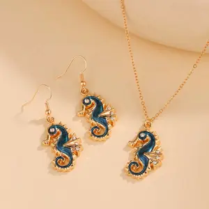 Seahorse Earrings Necklace For Women, Unique And Creative Blue Enamel Necklace, Ocean Style New Alloy Earrings