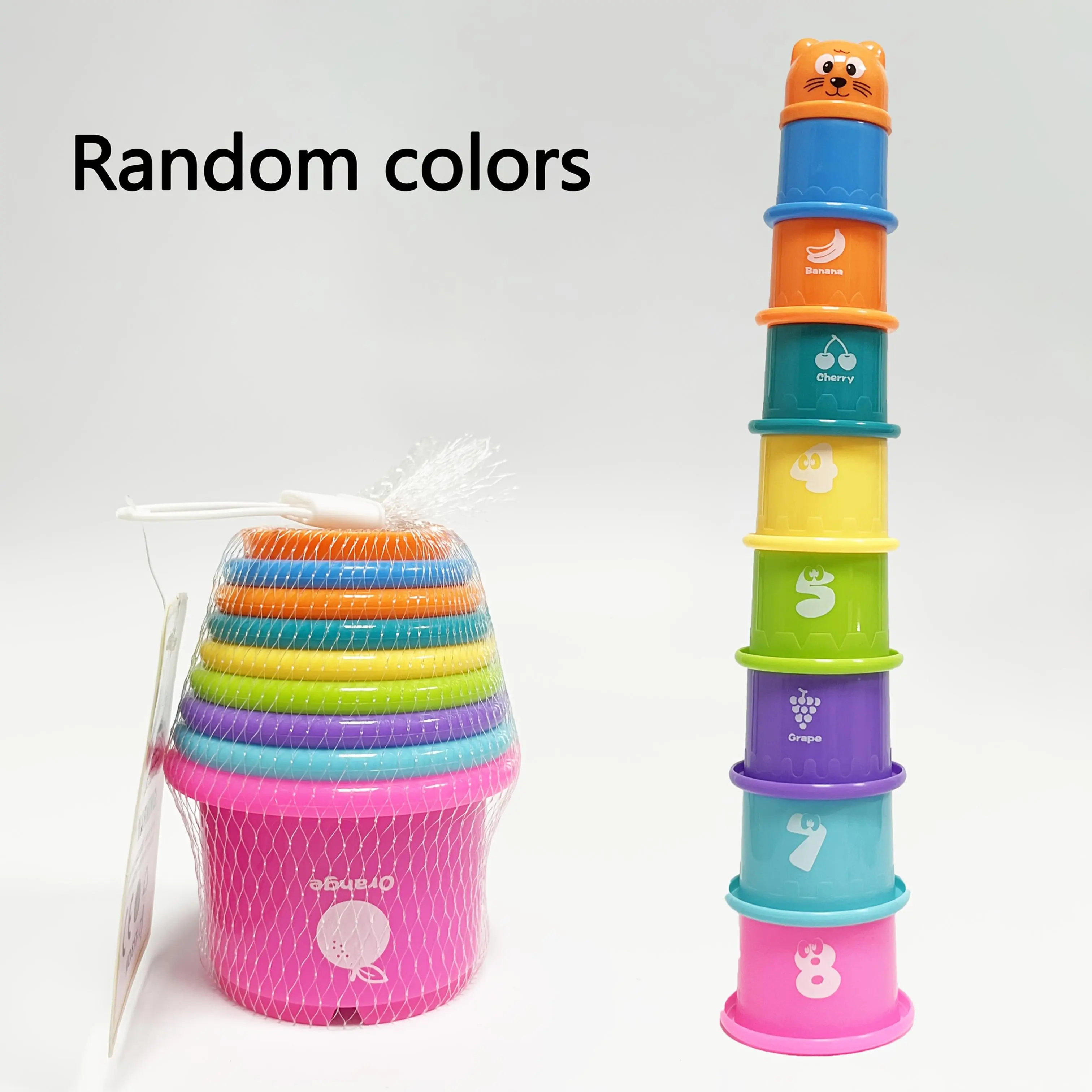 9-Piece Colorful Animal, Number, and Fruit Stacking Cups Toy for Bath Time, Beach Outings, Ideal Birthday Gift for Kids, No