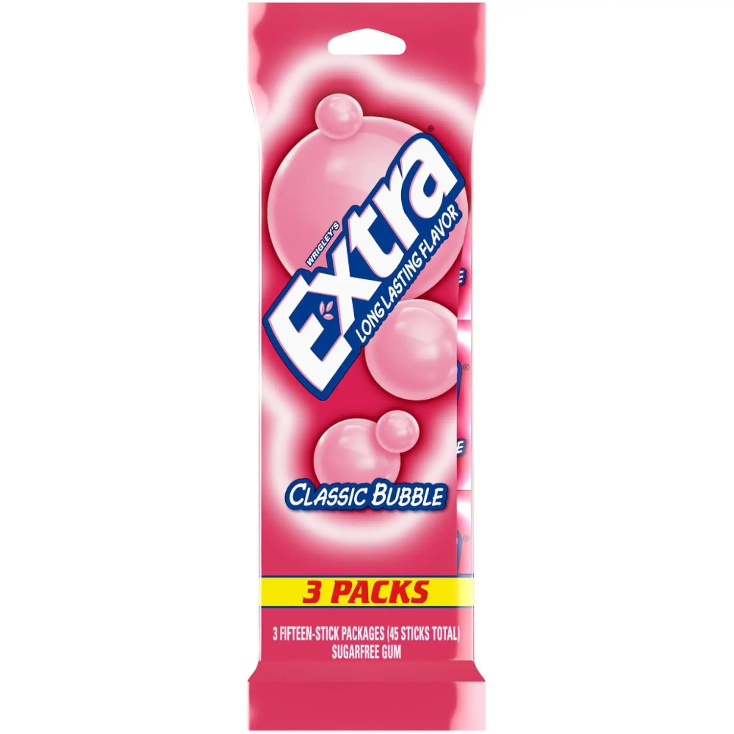 Bubble Gum, Sugar Free Chewing Gum, 3 Pack, 15 Sticks | EXTRA sugar free gum 3 pack with 15 sticks; bubble gum and sugar-free chewing gum for travel, home, and office