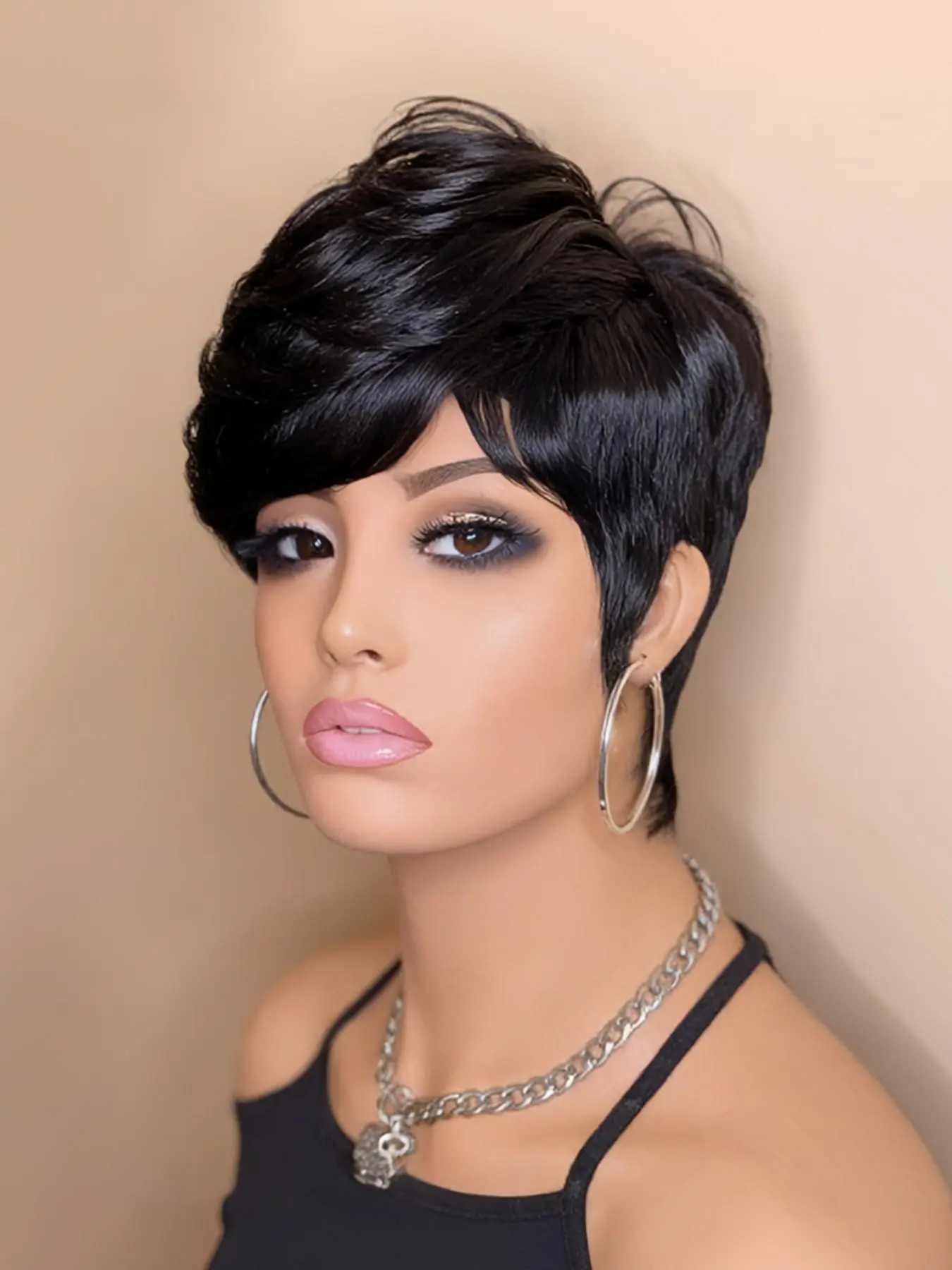pixie layered wig black color pixie cut short straight human hair wig machine made pixie wig daily party use human hair wig for women stylish gift wig Pixie Cut Wigs