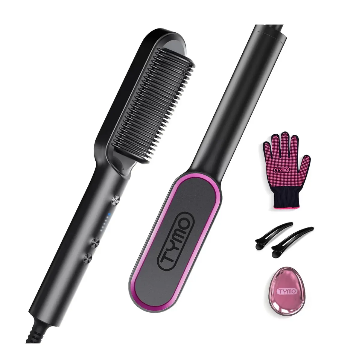 Hair Straightener Brush, TYMO Ring Hair Straightener Comb Straightening Brush for Women with 5 Temps 20s Fast Heating & Dual Voltage, Black