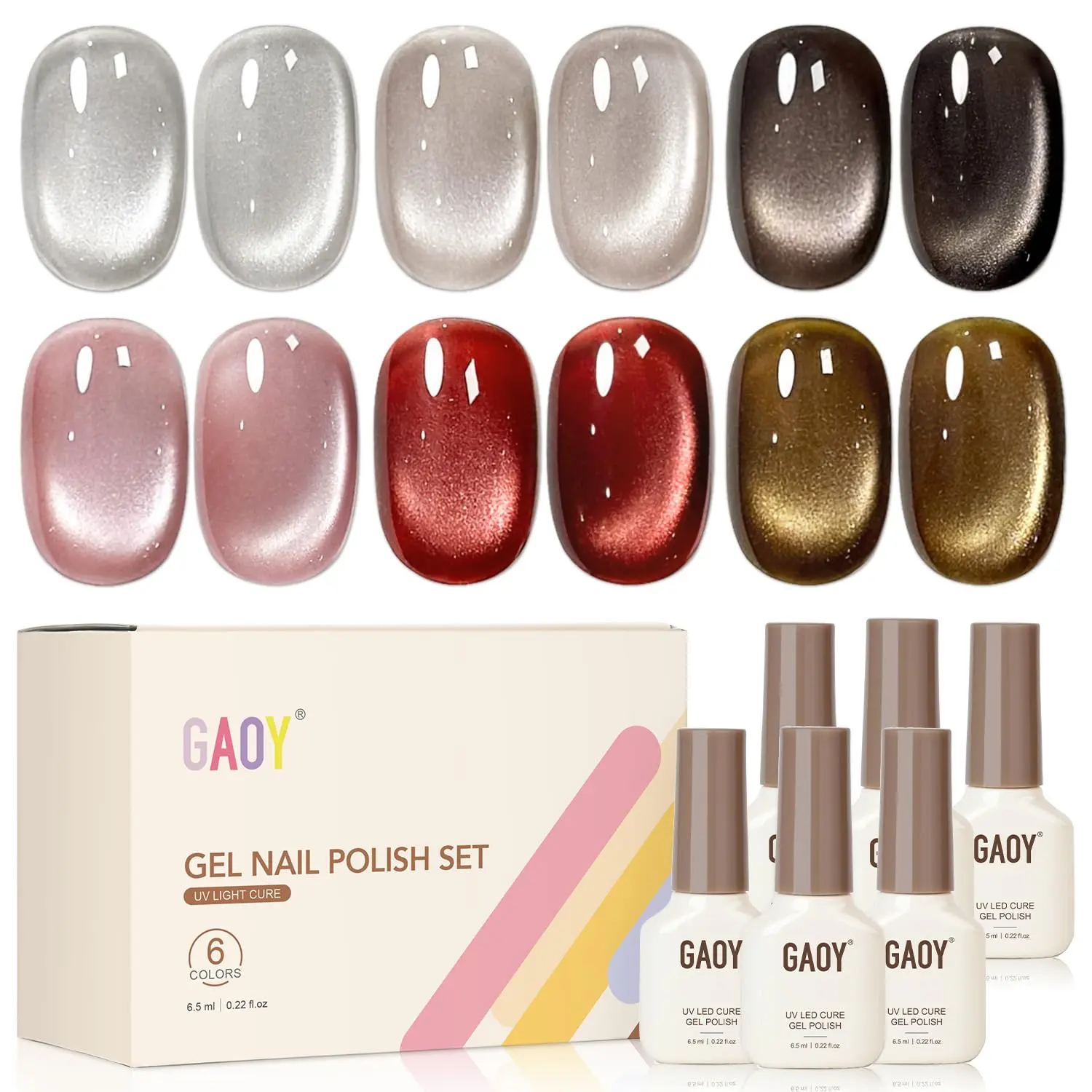 GAOY Glitter Cat Eye Gel Nail Polish Set 6 Colors, Red Brown Pink Colors | Holographic Retro Maillard, Nail Art DIY at Home, Salon Manicure Pedicure, Christmas Holiday, Gift for Women