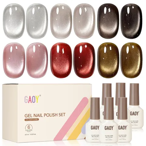 GAOY Glitter Cat Eye Gel Nail Polish Set 6 Colors, Red Brown Pink Colors | Holographic Retro Maillard, Nail Art DIY at Home, Salon Manicure Pedicure, Christmas Holiday, Gift for Women