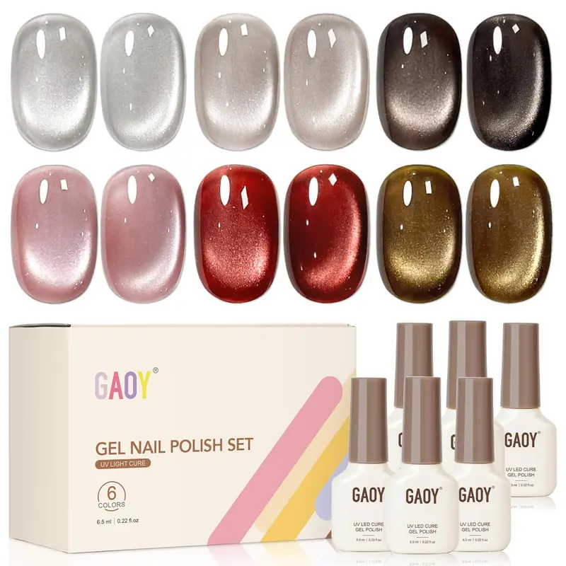 GAOY Glitter Cat Eye Gel Nail Polish Set 6 Colors, Red Brown Pink Colors | Holographic Retro Maillard, Nail Art DIY at Home, Salon Manicure Pedicure, Christmas Holiday, Gift for Women