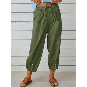 Women's High Waist Wide Leg Pants, Spring Summer Loose Fit Cotton Linen Trousers, Button Front Nine-Point Casual Women's Clothing