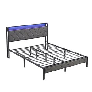 【Back To School 】Full Bed Frame with Storage Headboard, Charging Station and LED Lights, Upholstered Platform Bed with Heavy Metal Slats, No Box Spring Needed, Noise Free, Easy Assembly，Man bed，Women bed,Bedframe，Queen Bed Frame，Queen Size Bed Frame