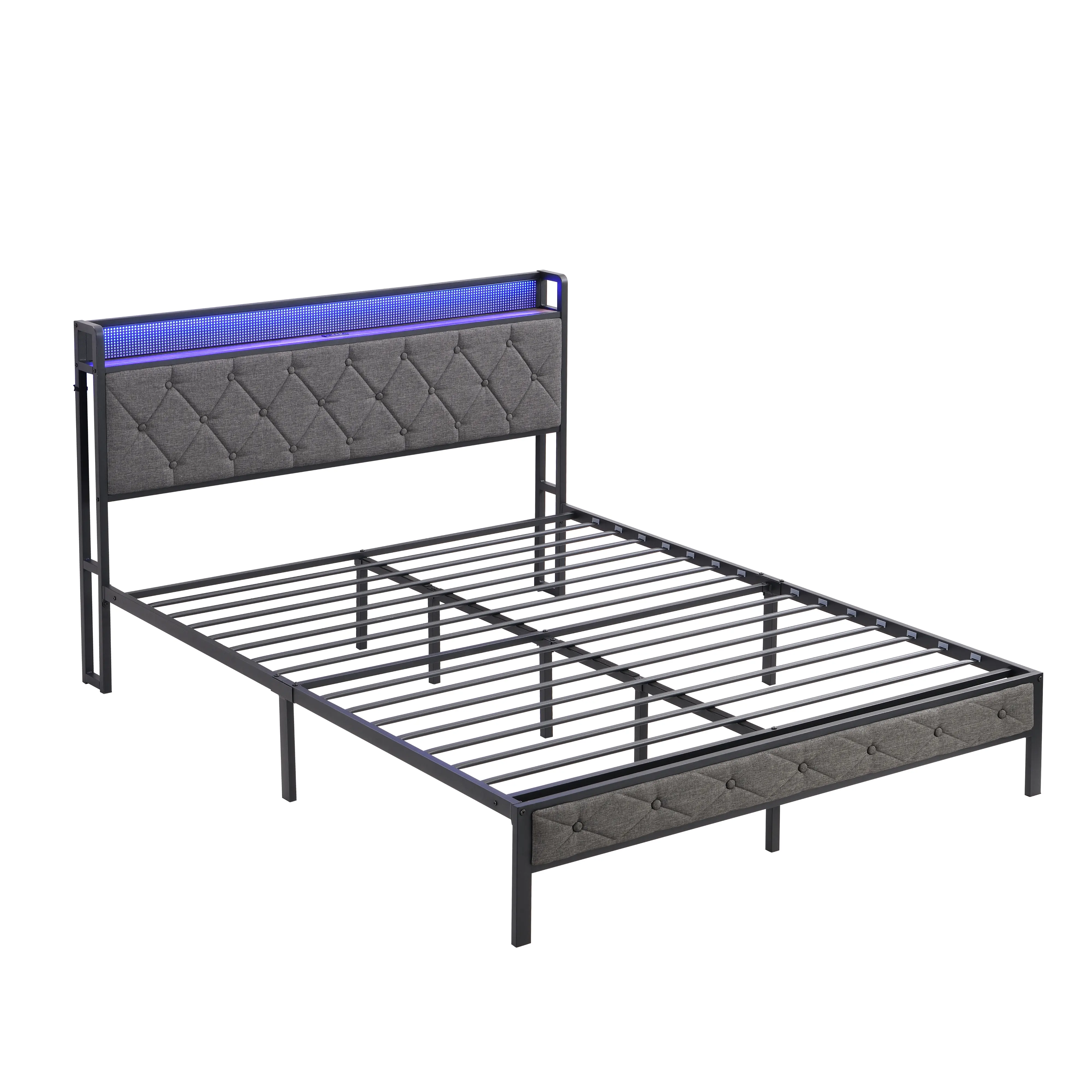 【Back To School 】Full Bed Frame with Storage Headboard, Charging Station and LED Lights, Upholstered Platform Bed with Heavy Metal Slats, No Box Spring Needed, Noise Free, Easy Assembly，Man bed，Women bed,Bedframe，Queen Bed Frame，Queen Size Bed Frame