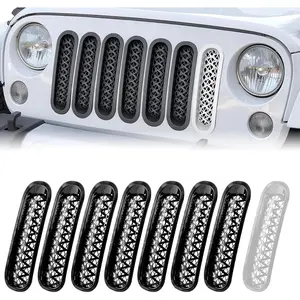 Grill Inserts Black, Front Mesh Grille Cover Compatible with 2007-2018 Jeep JK Wrangler & Unlimited Wrangler Accessories, Car Grill Mesh (7PCS Black + 1PCS White)
