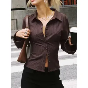 Women’s all-over striped print button-front shirt blouse, casual long-sleeve top for spring and fall, ladies’ clothing for daily wear