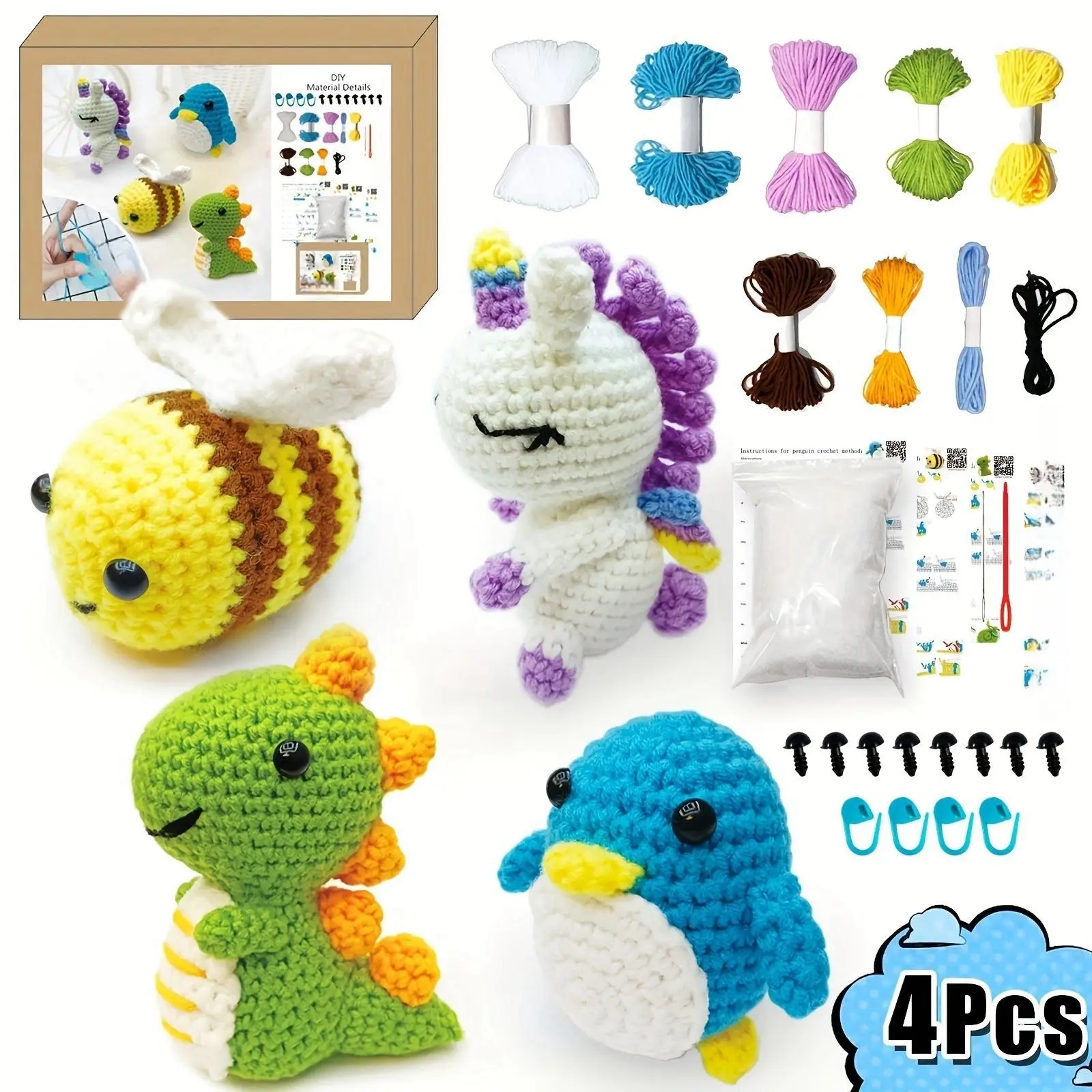 Crochet Animal Kit, 1 Set DIY Crochet Kit with 4 Counts Crochet Animal Set, Knitting Supplies for Beginners, DIY Crochet Kit for Adults & Boys & Girls