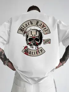 Men'S Black T-Shirt with Skull & "Black Label Society" Graphic - Trendy Summer Casual Round Neck Short Sleeve Tee, White Text & Red Accents, Perfect for Casual Attire, Everyday Tshirt |   Bold Graphic Tee |   Comfortable Fit