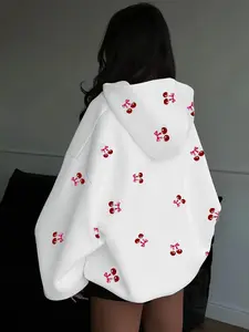 Women's Cherry Print Hoodie, Casual Fitted Design, Spring & Fall Fashion, Outdoor Campus Style, Trendy and Versatile