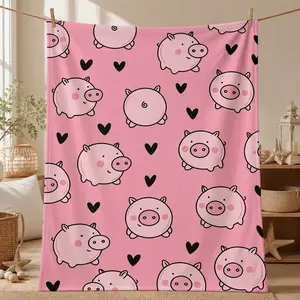 Cute Pig Cartoon Digital Print Flannel Blanket, Soft and Warm, Suitable for All Seasons, Sofa Bed Office Camping Gift