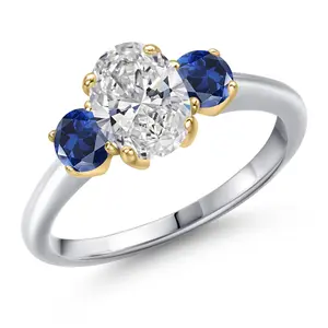 Gem Stone King 1.50cttw 10K White Gold IGI Certified Lab Grown Diamond and Blue Created Sapphire 3-Stone Engagement Ring For Women | Center 1.00 Ct Diamond | D-E Color | VS1-VS2 Clarity