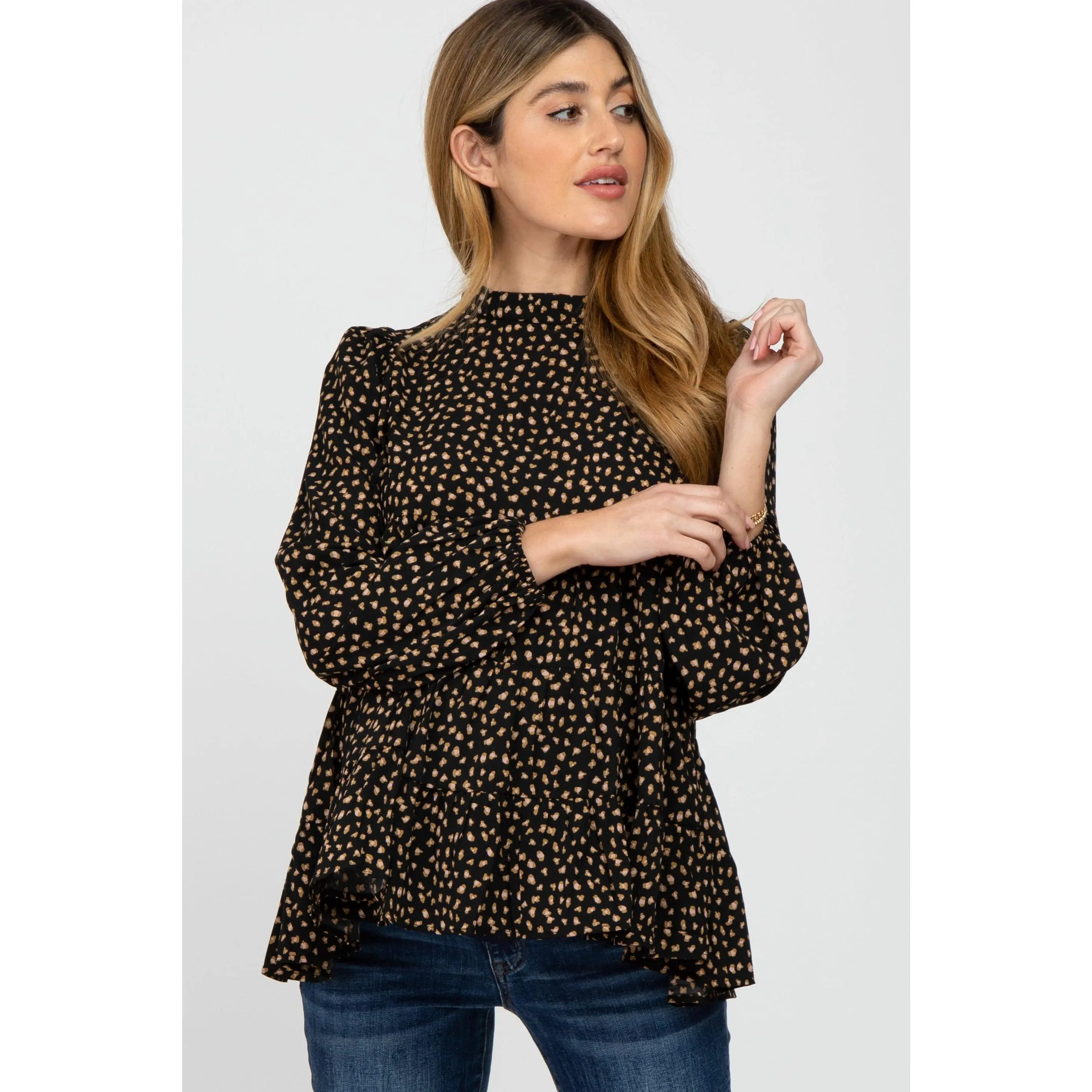 Black Animal Print Mock Neck Tiered Maternity Top
