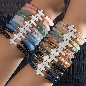 22pcs Multi-Layer Glass Bead Bracelets with Cross Charms - Stretch Wristbands Suitable for &, Black/White/Pink/Green/Blue/ Clear Beads & Cross Charms - Durable Glass Jewelry for Daily Wear, Weddings, Parties, Religious Events