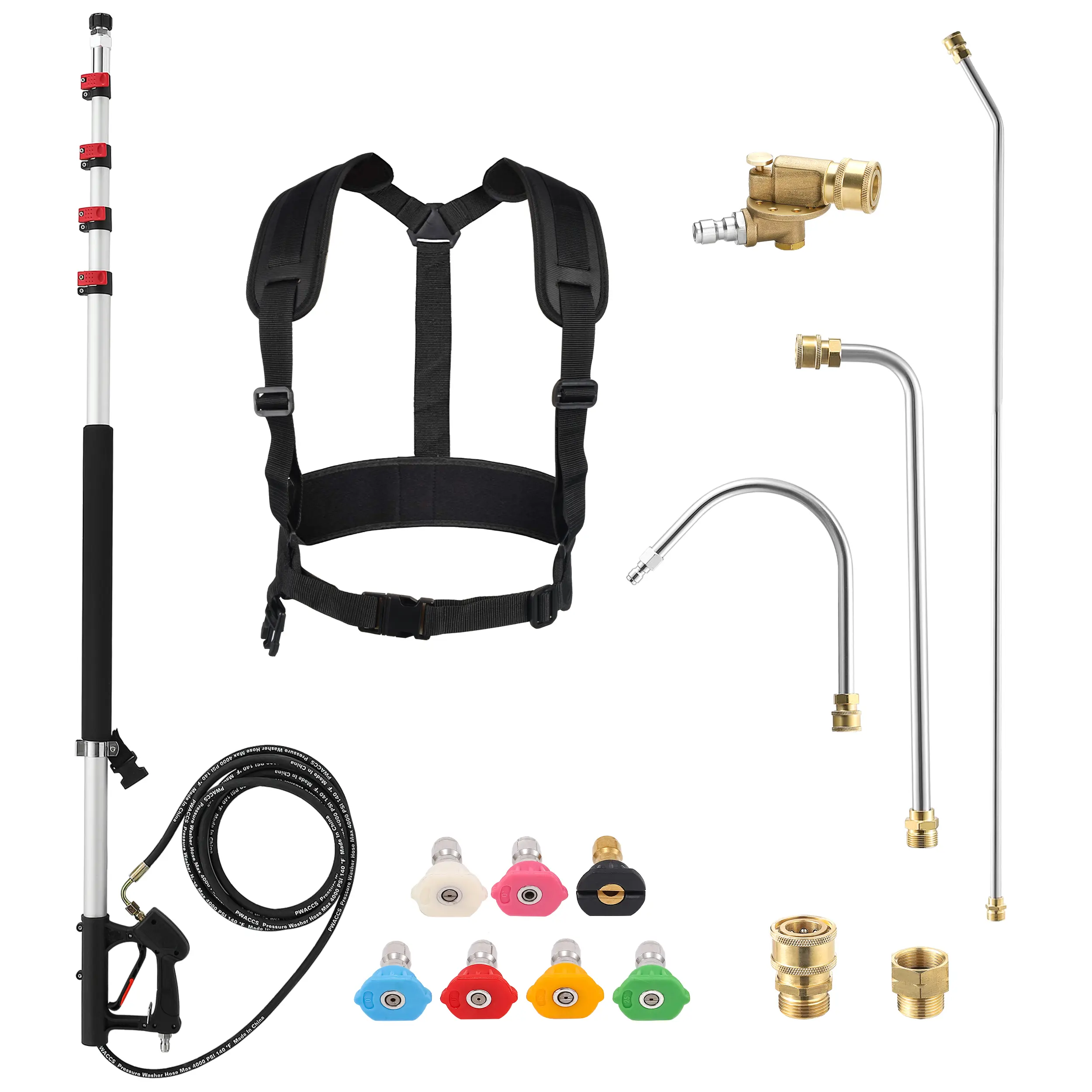 PWACCS 24ft Telescoping Pressure Washer Extension Wand Gutter Cleaning Kit, Built to Last Aluminum High-Reaching Tool with 7 Nozzle Tips, 2 Adapters, Pivoting Coupler, Support Belt, 120-Degree Gutter Access Tool for Gutters【DealsForYouDays】, 7 Pressure Wa