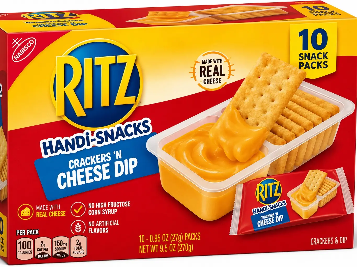 RITZ Handi-Snacks Crackers & Cheese Dip, 0.95 oz Individual Snack Packs (10-Pack) – Crispy RITZ Crackers with Creamy Cheese Dip, On-the-Go Lunch & Snack Kit