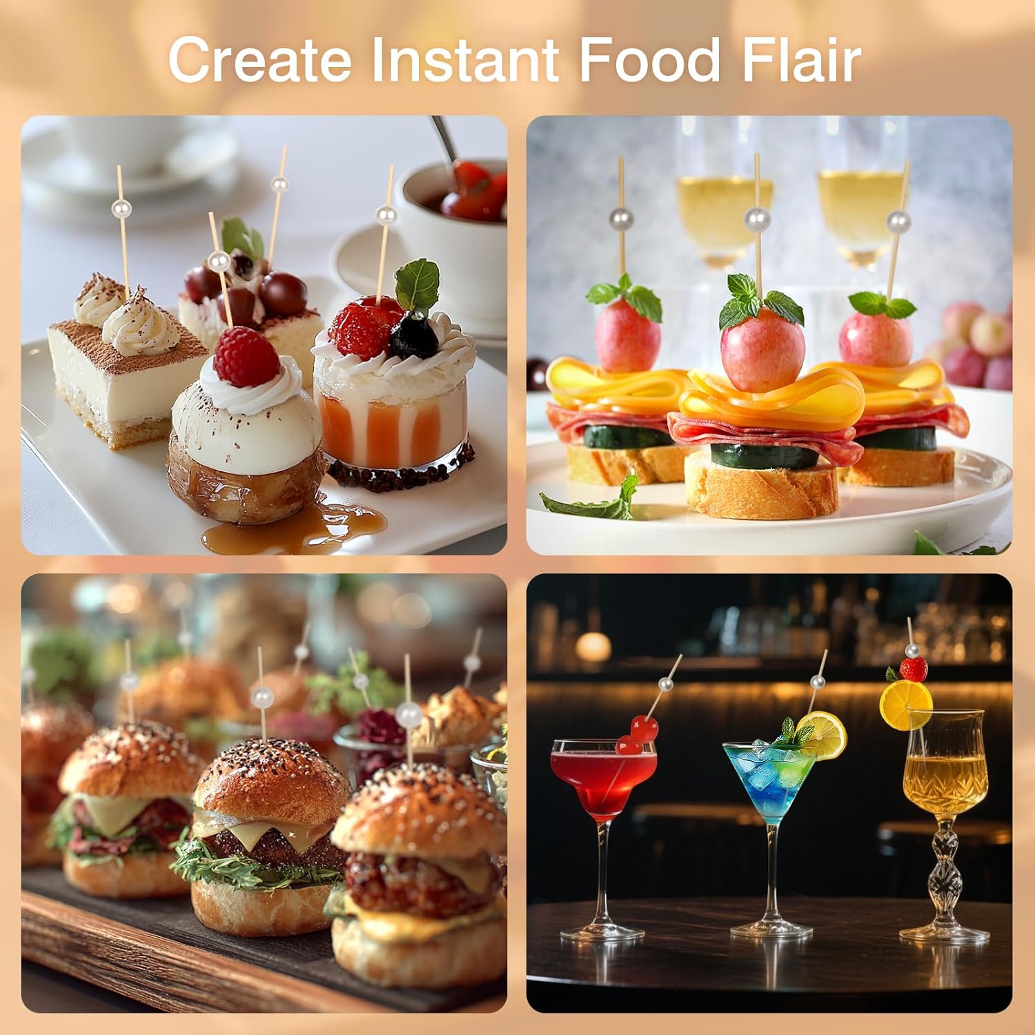 200 PCS White Pearl Cocktail Picks 4.7 Inch Bamboo Toothpicks for Appetizers, Drinks & Elegant Party Food Presentation