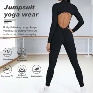 Women Sportwear Yoga Jumpsuit Zip Long Sleeve Back Open Outfit Fitness Tracksuit Tight One-Piece Gym Overalls Sports Bodysuit stuff wear casual vacation look