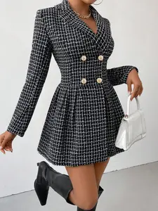 Womenswear Plaid Print Double Button Wrap A Line Dress, Lady Vintage Girly Clothes, Elegant Long Sleeve Lapel Neck Short Dress for Fall & Winter, Women's Chic Clothing for Daily Wear, Apple Shape Outfits