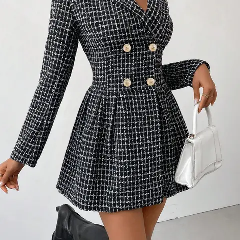 Womenswear Plaid Print Double Button Wrap A Line Dress, Vintage Girly Clothes, Fitted Long Sleeve Lapel Neck Short Dress for Fall & Winter, Apple Shape Outfits, Casual Everyday Wear, Casual Elegant Dress
