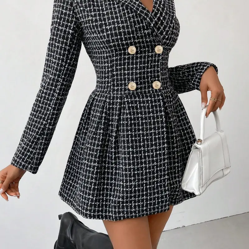 Womenswear Plaid Print Double Button Wrap A Line Dress, Vintage Girly Clothes, Fitted Long Sleeve Lapel Neck Short Dress for Fall & Winter, Apple Shape Outfits, Casual Everyday Wear, Casual Elegant Dress