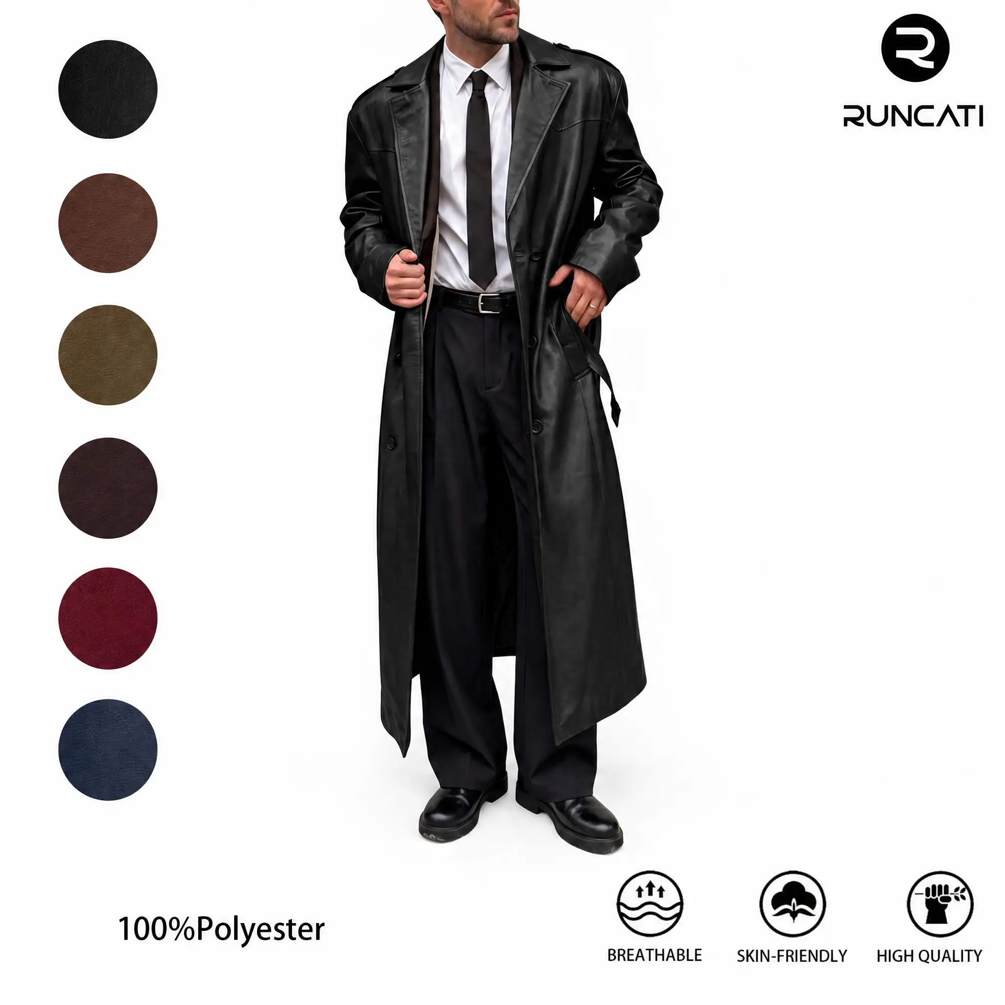 Runcati Men's Long Faux Leather Trench Coat| Double‑Breasted Oversized Lapel Windbreaker Long Sleeve Casual Outerwear with Pockets