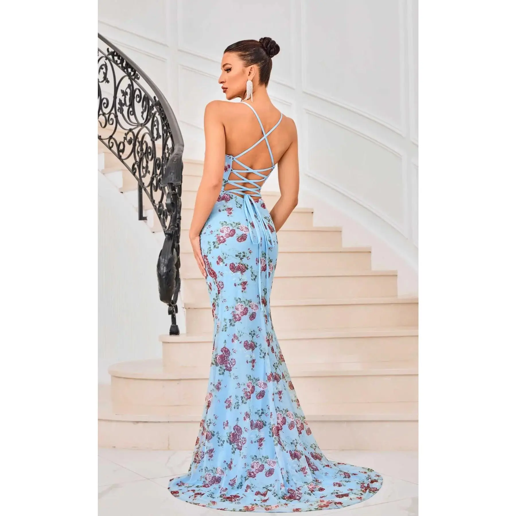 Glamorous V-Neck Sheath Dress with Thigh-High Slit - Blue Print