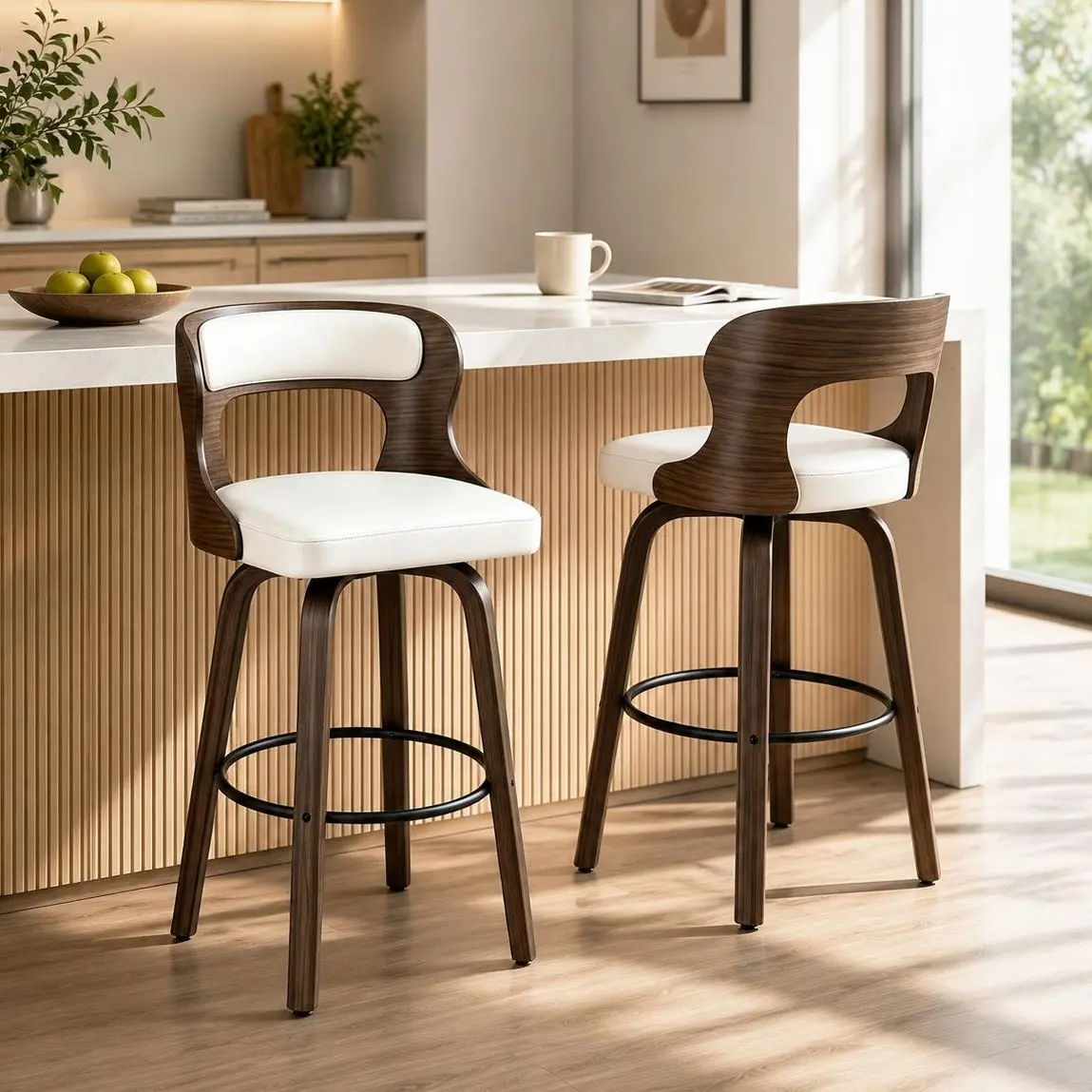 Solid Wood Swivel Bar Stools Set of 2, 29.3" Mid-Century Modern Bar Height Stools with Back, Real Wood Frame Counter Barstool with Matte PU Leather Cushion for Kitchen Island