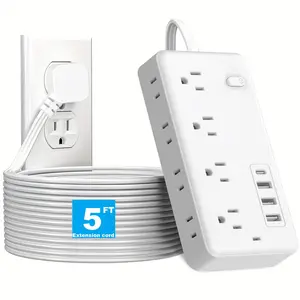 Surge Protector Flat Extension Cord Flat Plug Power Strip, 8 AC Outlets, 4 USB Charger(1 USB C Port) 3-Sided Outlet Extender, 5Ft Extension Cord Charging Station,  Office Supplies, Dorm Room Essentials