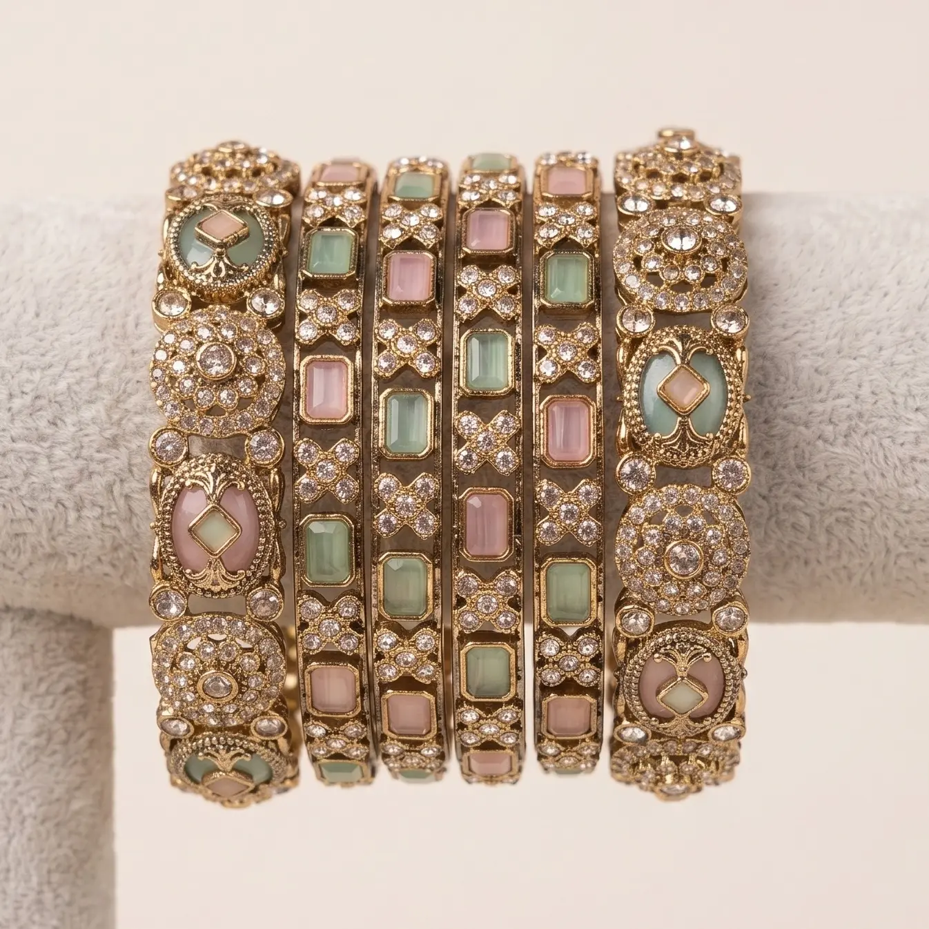 Pastel Polki Kundan Bangles 6 pcs Set | Mehndi Polish AD & Pearl Bridal Bracelet | Elegant Wedding Jewelry