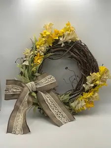Yellow Floral Grapevine Wreath with Lace Bow