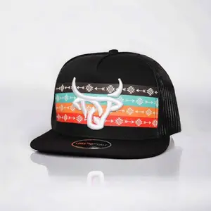 Bull Skull Embroidered Trucker Hat Black Snapback, Aztec Stripe Western Cap, Rodeo Cowboy Mesh Back Flat Bill Gift for Men Dad Ranch Style Cap