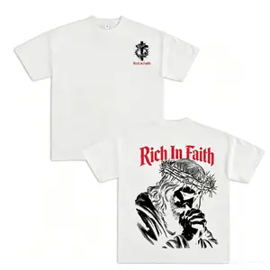 Graphic T-shirt✨ Rich In Faith – Jesus Pray T-Shirt, Washed Cotton Crewneck, Bible Verse Graphic Tee, Church Outfit, Unisex Oversized Casual Streetwear, Men & Women Aesthetic Jesus Shirts