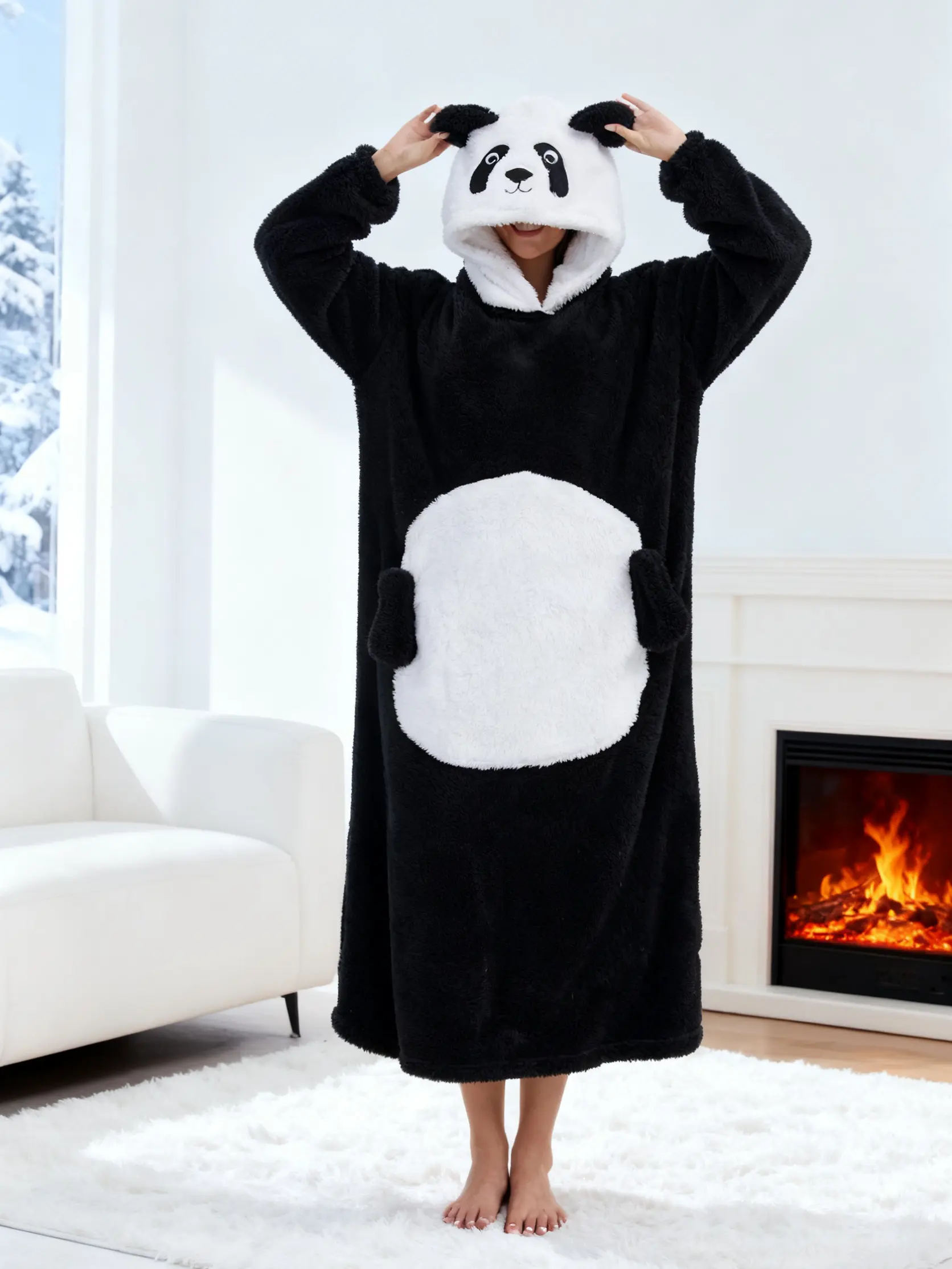Women's Cozy Hooded Wearable Blanket, Soft Animal Print Onesie Loungewear for Winter and Lazy Days, Cozy Hooded Blanket, Long Sleeve, Cute Look, Indoors/Outdoors, One-Piece