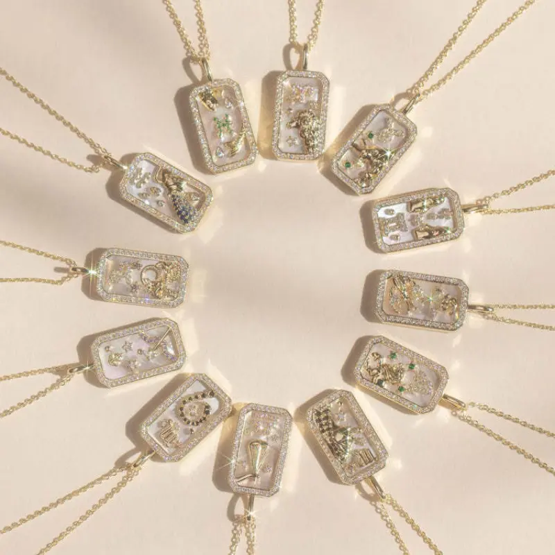 Female Metal Plated Gold 12 Constellation Stainless Steel Necklace - Costume Jewelry with Shell Crystal Amulet Pendant, Including Cancer, Gemini, Aries, Sagittarius, Virgo Designs