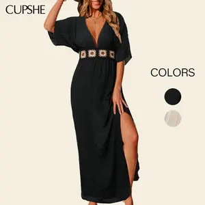 CUPSHE TikTokShopSpringGlowUp 2026 Boho Crochet Waist Plunging V-Neck Maxi Dress, Elegant Split Hem Swimsuit Cover-Up Dress, Flowy Short Sleeve Resort Wear for Beach Getaways & Vacations Womensfashion
