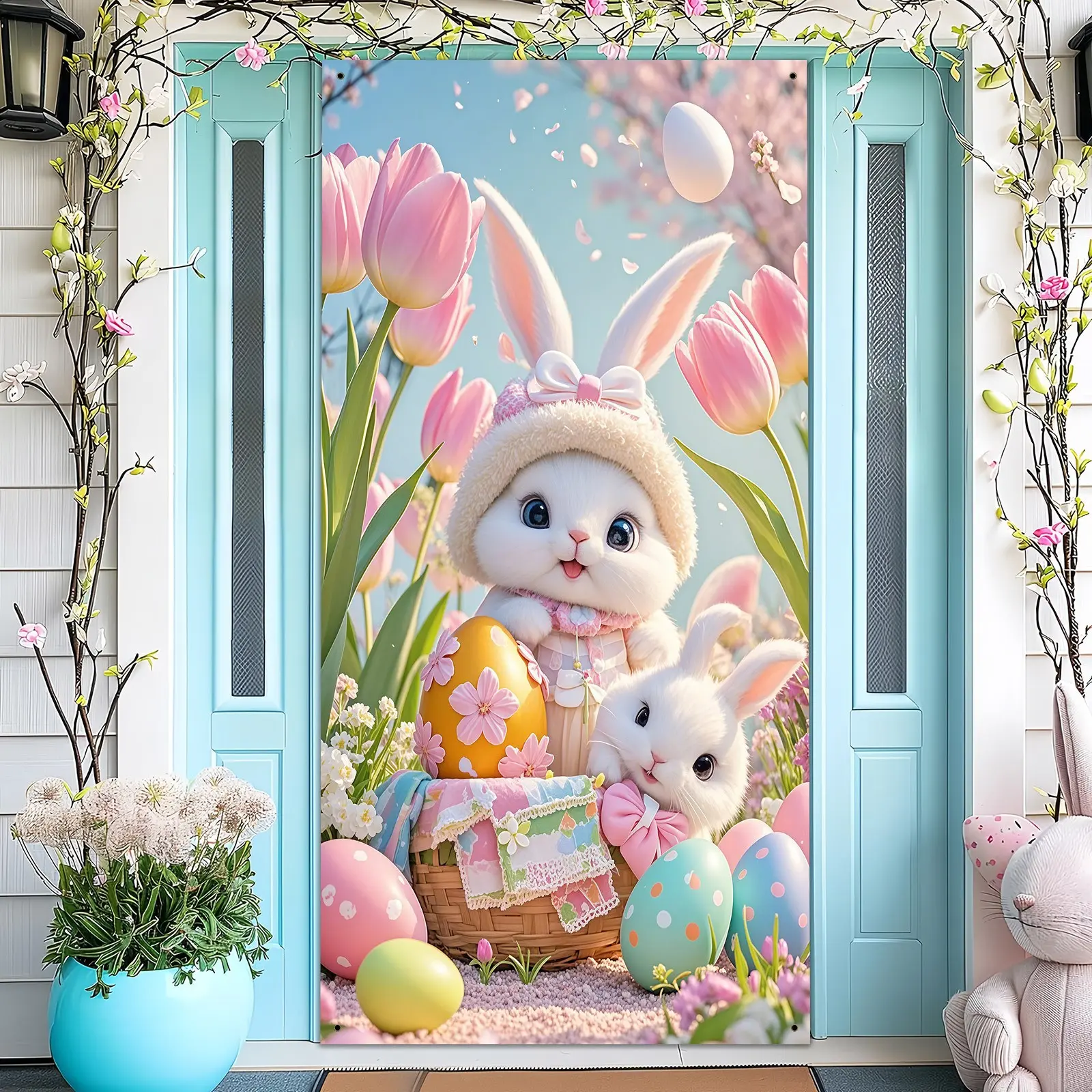 Easter Bunny and Egg Tulip Garden Banner, Spring Theme Party Decoration, No Power Needed, Indoor and Outdoor Use, 35.4x70.8 Inches