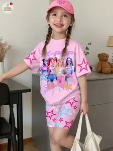 Sweet Cool Girl Set, K-Pop Idol Print Short Sleeve + Star Shorts, Korean Style Sporty Two-Piece Summer Outfit for Kids