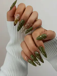 Olive Luxe Marble Press On Nails | Handmade Olive Green Gold Chrome Nails | Abstract Luxury Press On Nails | Pearl Accent Stiletto Nail Art