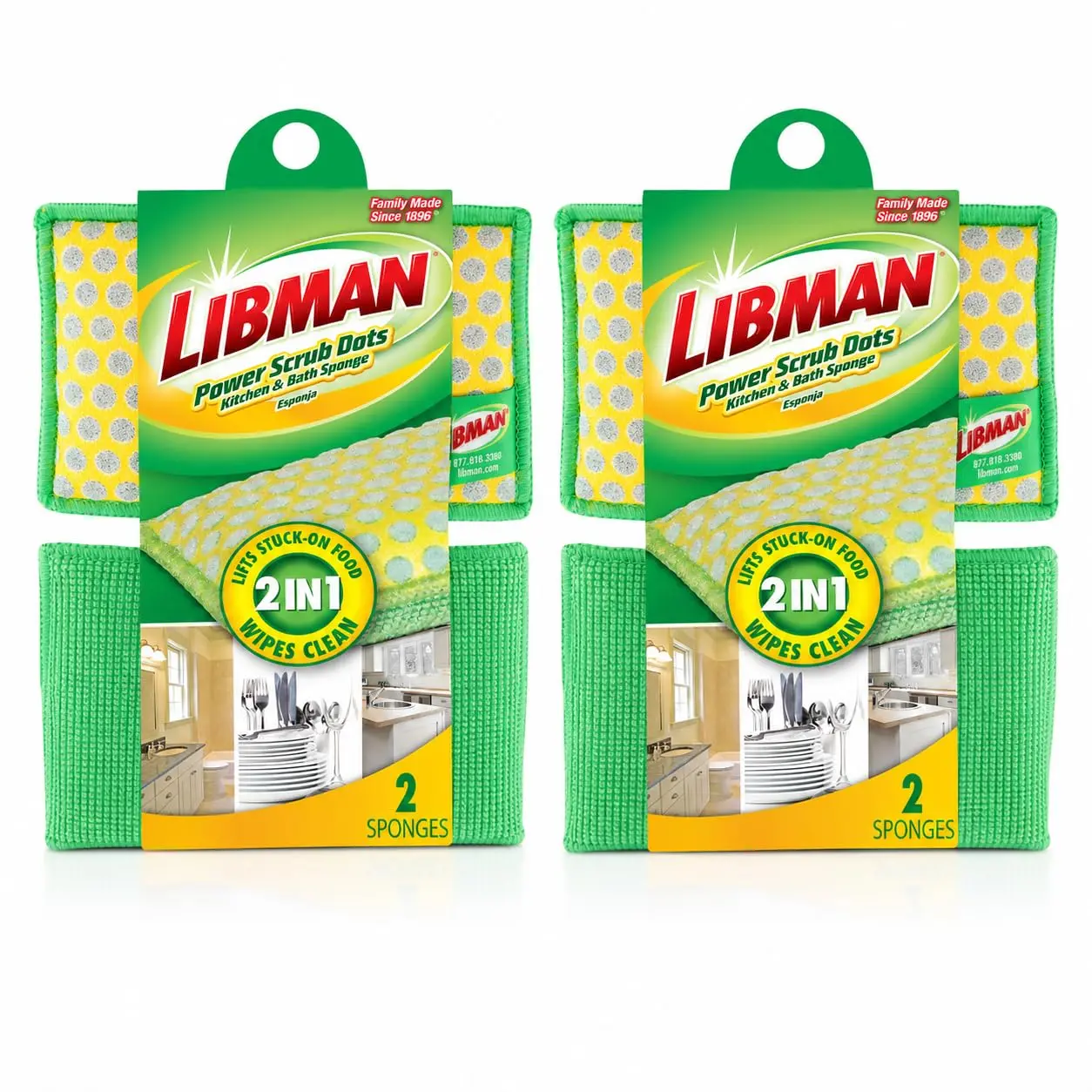 Libman Power Scrub Dots 2-in-1 Dual-Sided Household Sponge - Non-Scratch Microfiber Cleaner for Dishes, Sinks, Stainless Countertops - 4-Pack