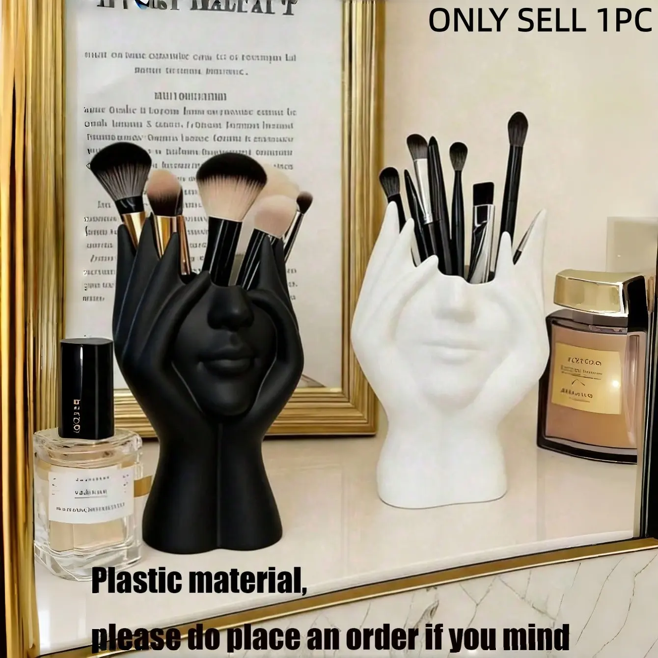 1Pc Handmade Creative Human Body Art Makeup Brush Holder, Brush Storage - Unique Sculptural Face & Hands Design, Desktop/Bathroom Cosmetic Organizer, Makeup Organiser, Non-Slip & Lightweight, Ideal Mother's Day, Graduation & Holiday Gift