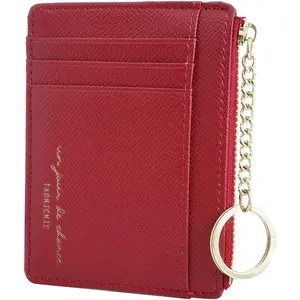 Women Slim Leather Card Case Holder Small Wallet Cute Coin Purse Girl Mini Wallet with Keychain (Red)
