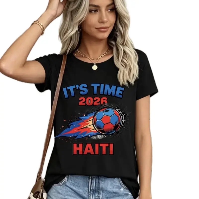 Womenswear Black Women's 180G Short-Sleeve T-Shirt, "It's Time 2026" Haiti Football Fan Apparel, Ideal Gift for Family Company Team Building Events