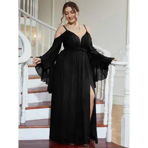 V-neck skirt slit dress with off shoulder sleeves and sexy suspender dress, elegant plus size wide sleeved dress, suitable for parties and banquets, suitable for all seasons