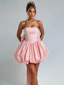 Women's Plain Bow Decor Tube Dress Fit, Elegant Chic Strapless Dress for Party Club Dating Wear, Ladies Summer Clothes, Womenswear