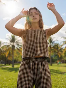 Women's Plaid Sleeveless T-Shirt and Shorts Set, Casual Two-Piece, Comfortable Breathable Woven Fabric, Round Neck Design