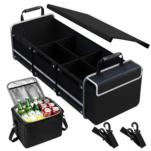 Collapsible Car Trunk Storage Box with Removable Cooler Bag, Multi-Compartment Design, Universal Fit for Cars & Trucks, Groceries Organizer, Automotive Interior Stowing Accessory for Camping & Travel