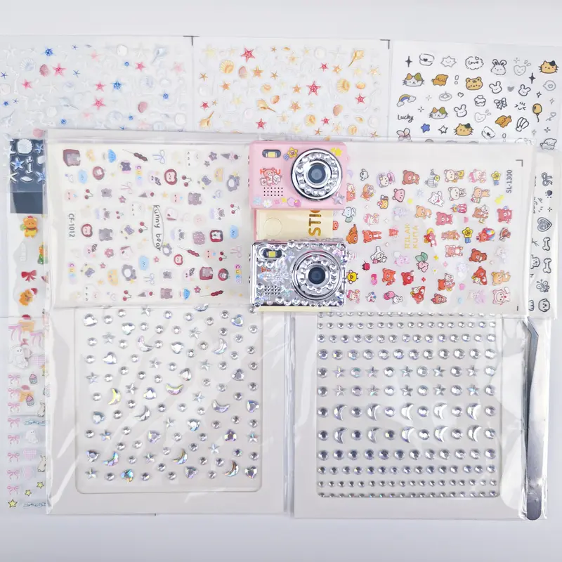 11Pcs Cartoon 3D Embossed & Rhinestone Shiny Stickers with Stainless Steel Curved Tweezers - DIY Camera Decoration Kit